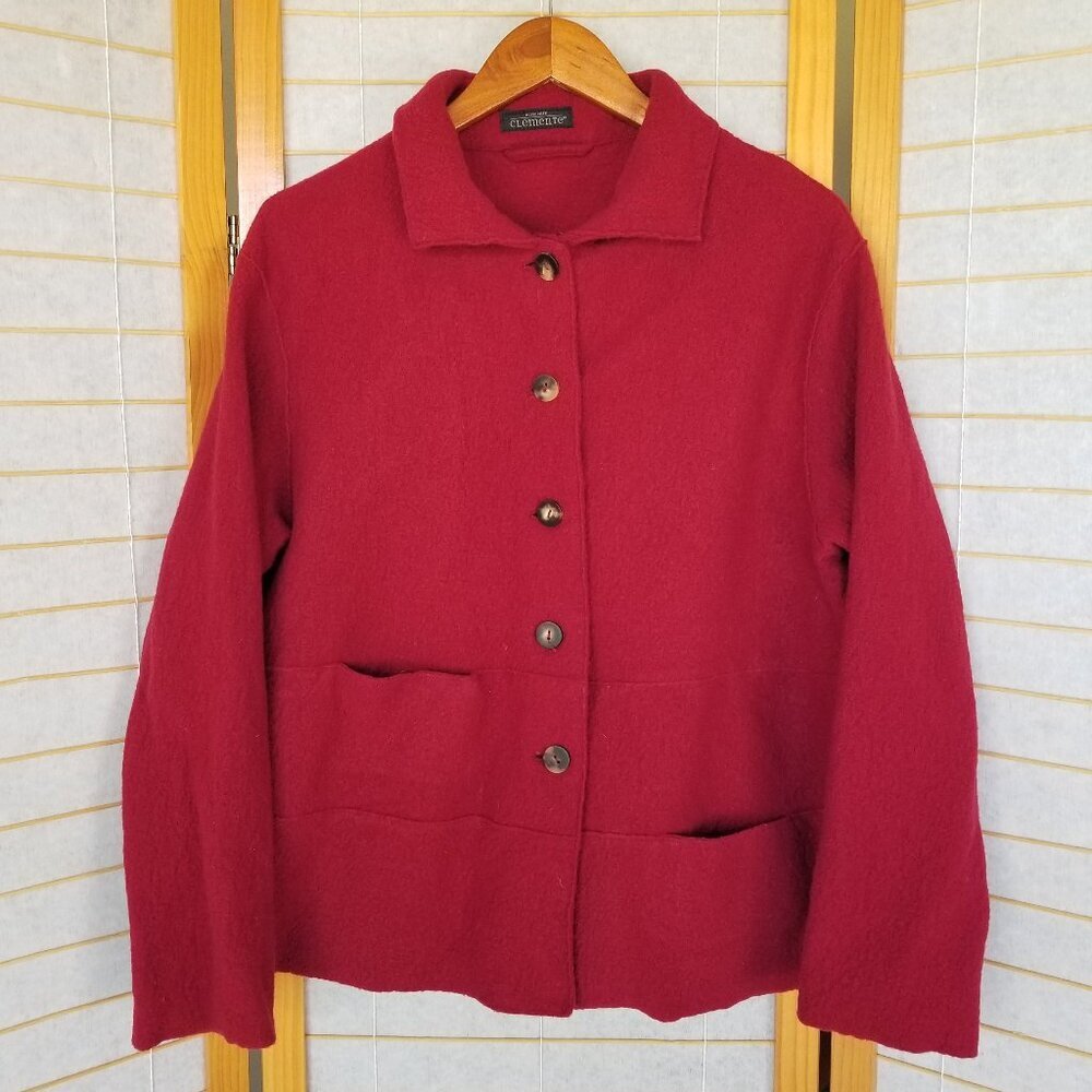 Artsy Boiled Wool Cardigan Sweater Coat Blazer Size 8 Deep Red Scarlet Knit